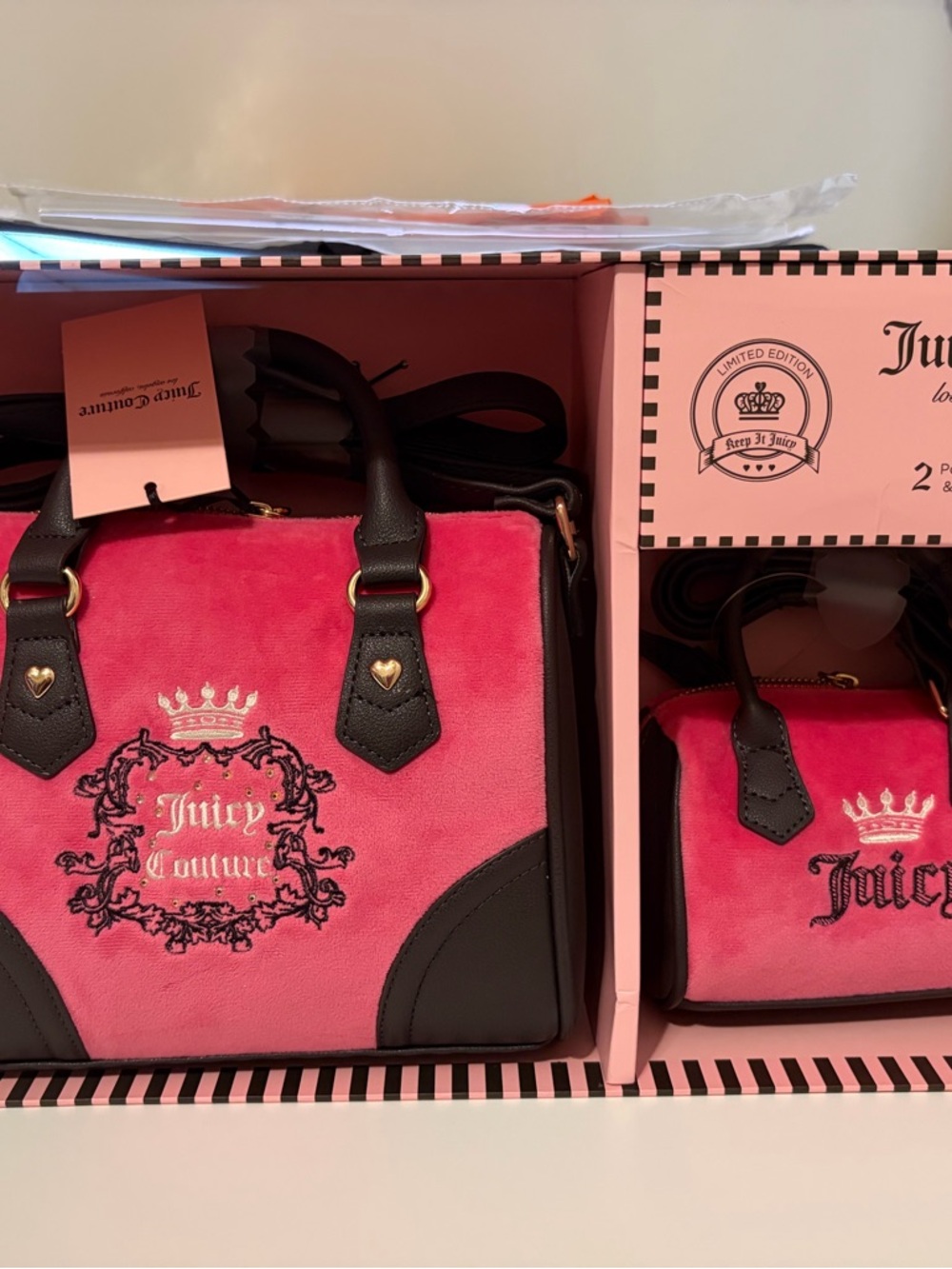 Juicy Couture Hot Pink Velvet Satchel with Black Trim Boxed Set